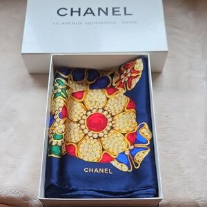 CHANEL 100%Silk Scarf with Jewel-Toned Floral Motif‎